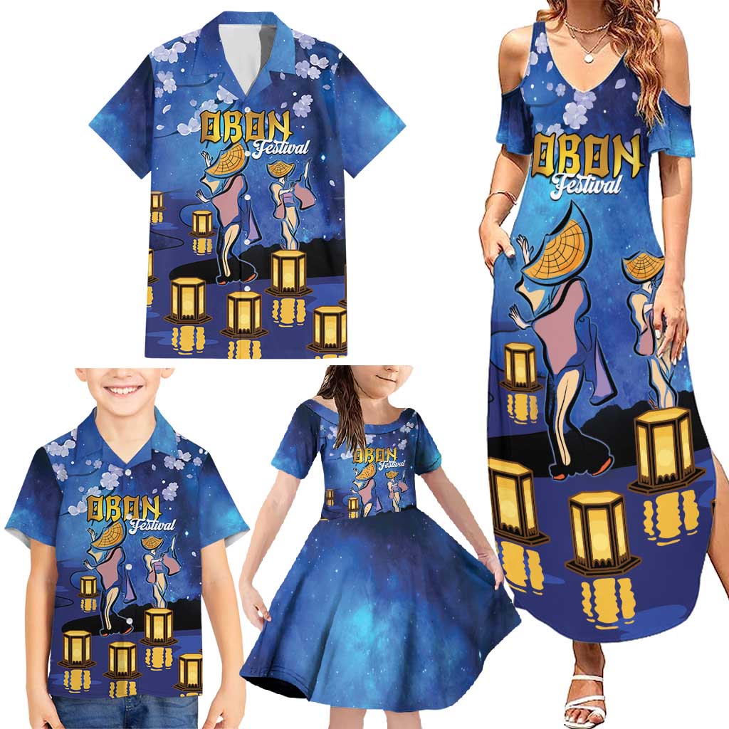 Japan Obon Festival Family Matching Summer Maxi Dress and Hawaiian Shirt Sakura Lanterns With Bon Dance - Wonder Print Shop