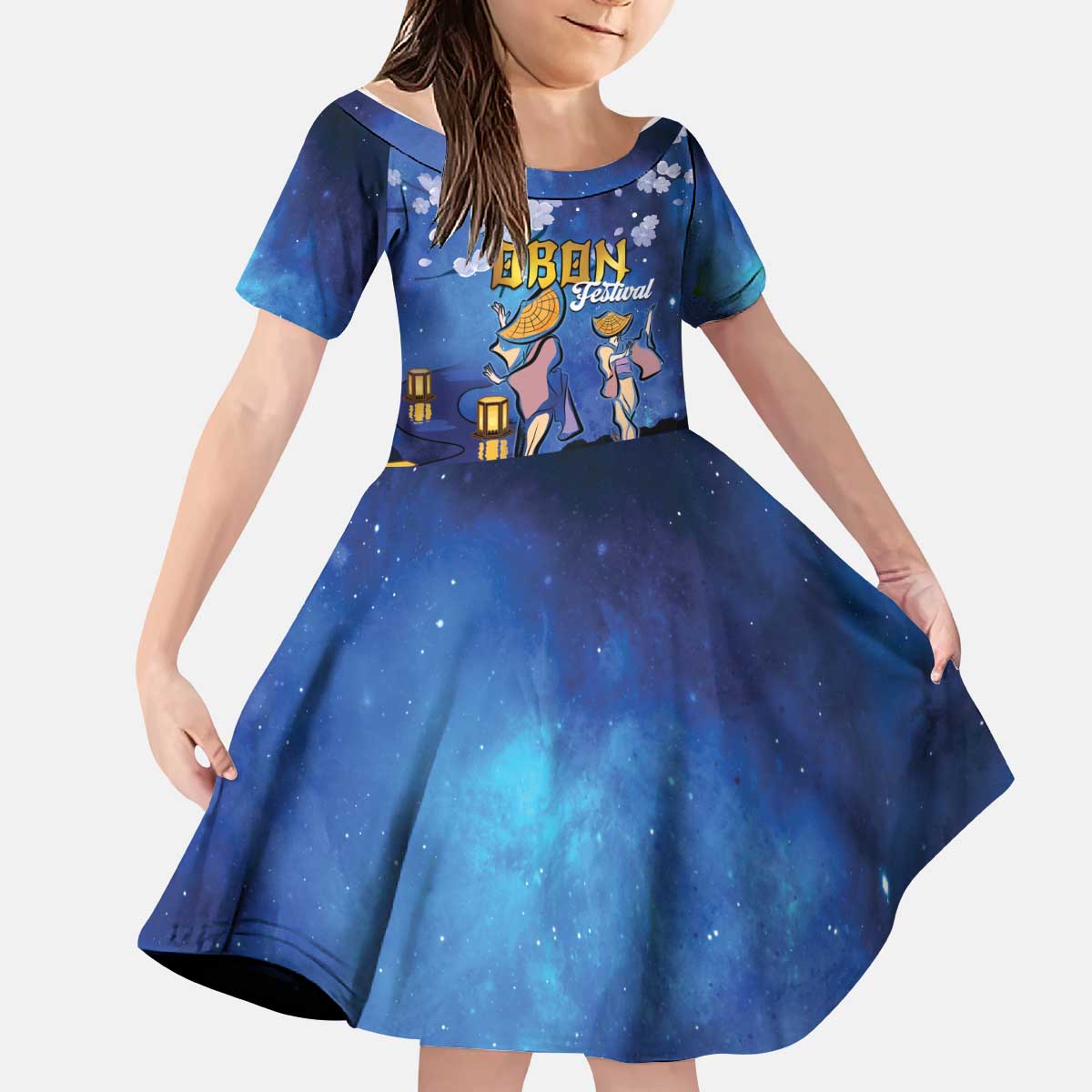 Japan Obon Festival Kid Short Sleeve Dress Sakura Lanterns With Bon Dance - Wonder Print Shop