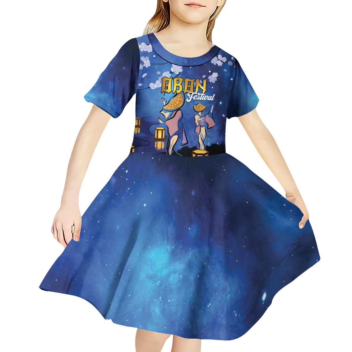 Japan Obon Festival Kid Short Sleeve Dress Sakura Lanterns With Bon Dance - Wonder Print Shop