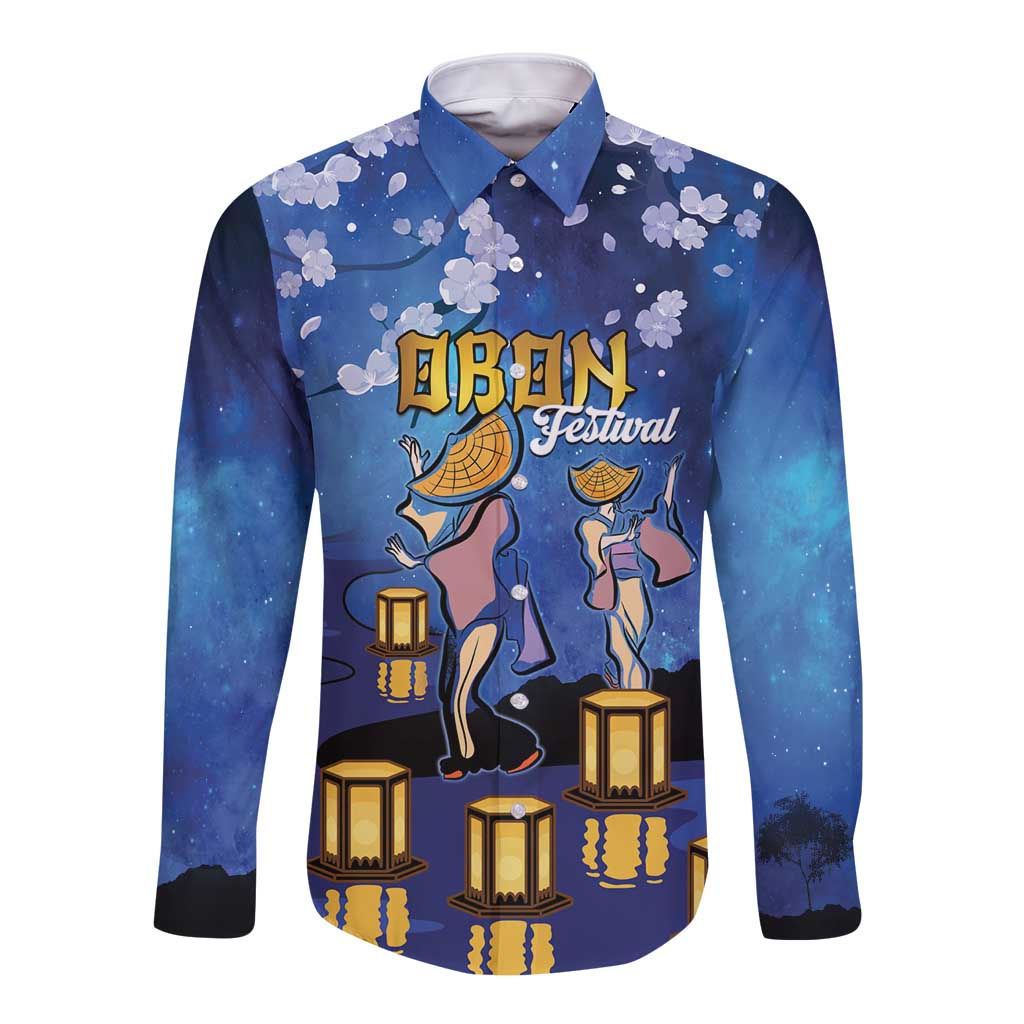 Japan Obon Festival Long Sleeve Button Shirt Sakura Lanterns With Bon Dance - Wonder Print Shop