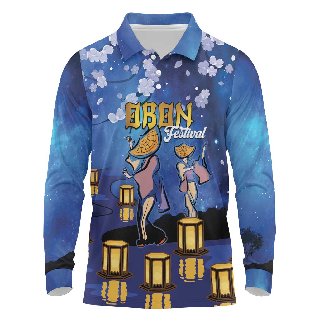Japan Obon Festival Long Sleeve Polo Shirt Sakura Lanterns With Bon Dance - Wonder Print Shop