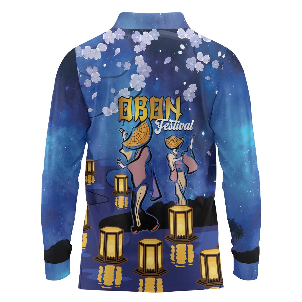 Japan Obon Festival Long Sleeve Polo Shirt Sakura Lanterns With Bon Dance - Wonder Print Shop