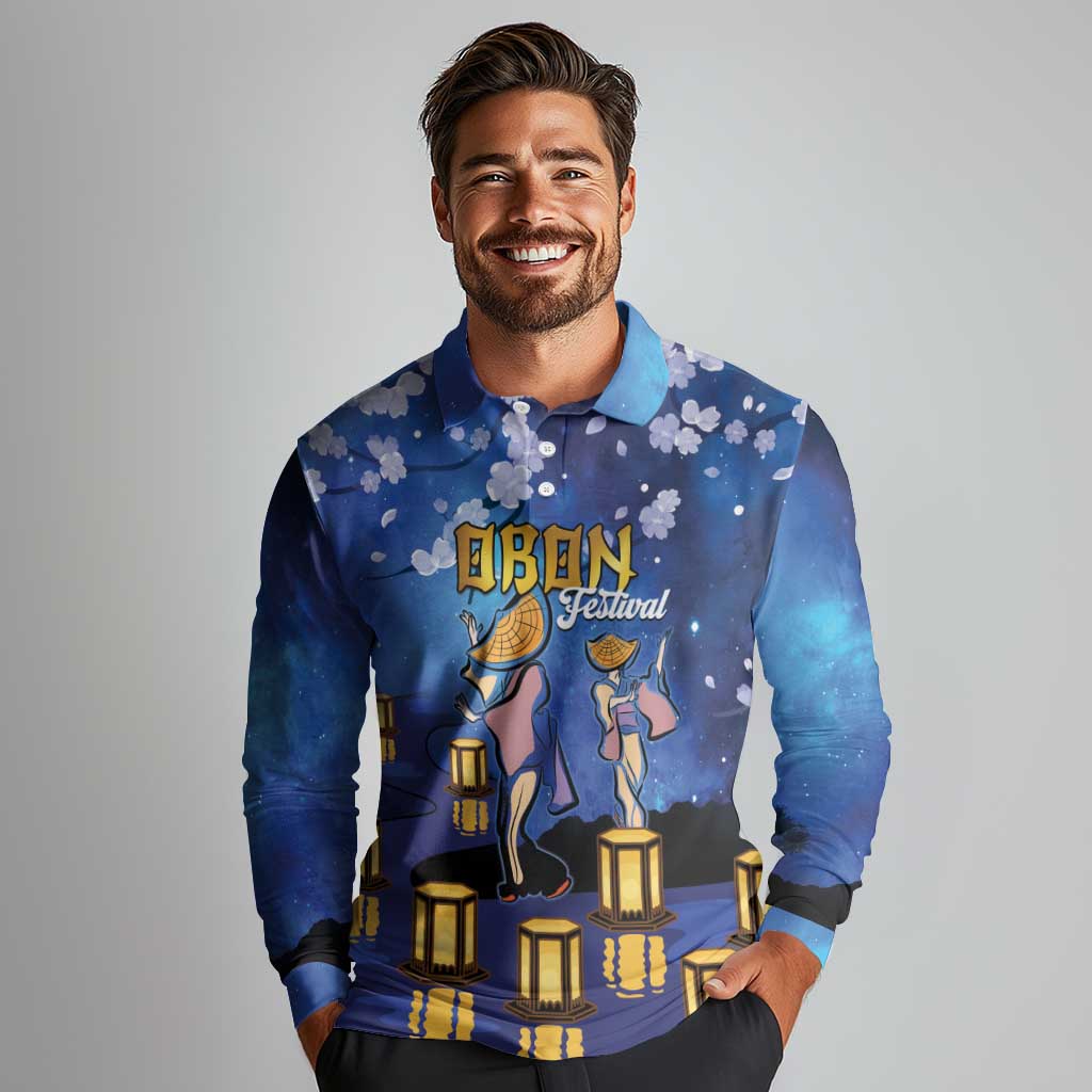 Japan Obon Festival Long Sleeve Polo Shirt Sakura Lanterns With Bon Dance - Wonder Print Shop