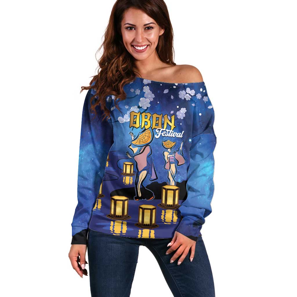 Japan Obon Festival Off Shoulder Sweater Sakura Lanterns With Bon Dance - Wonder Print Shop