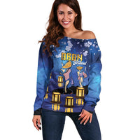 Japan Obon Festival Off Shoulder Sweater Sakura Lanterns With Bon Dance - Wonder Print Shop