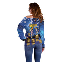 Japan Obon Festival Off Shoulder Sweater Sakura Lanterns With Bon Dance - Wonder Print Shop