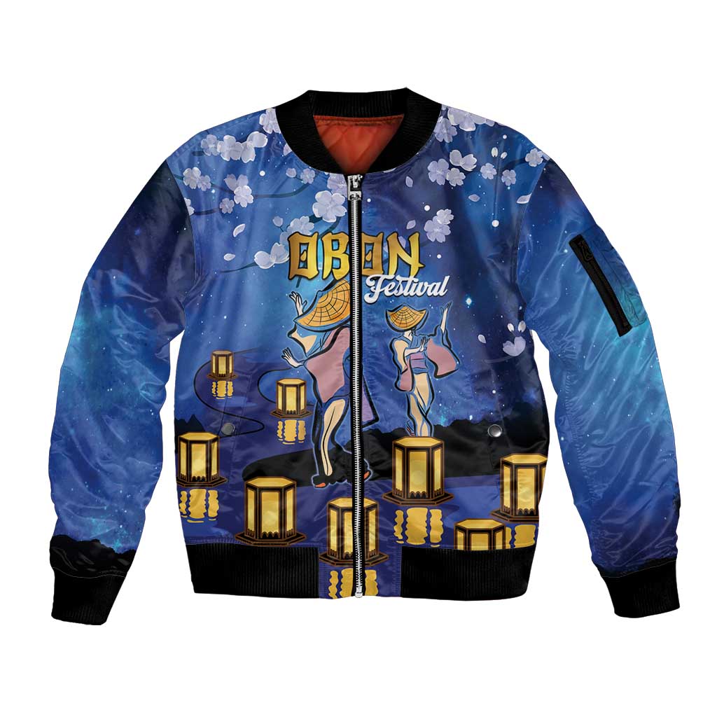 Japan Obon Festival Sleeve Zip Bomber Jacket Sakura Lanterns With Bon Dance - Wonder Print Shop