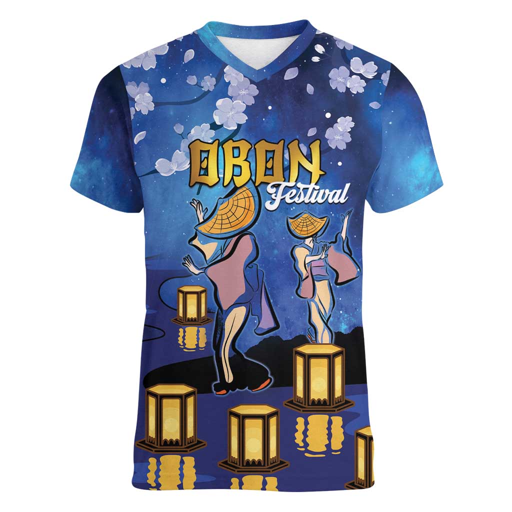 Japan Obon Festival Women V-Neck T-Shirt Sakura Lanterns With Bon Dance - Wonder Print Shop
