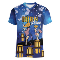 Japan Obon Festival Women V-Neck T-Shirt Sakura Lanterns With Bon Dance - Wonder Print Shop