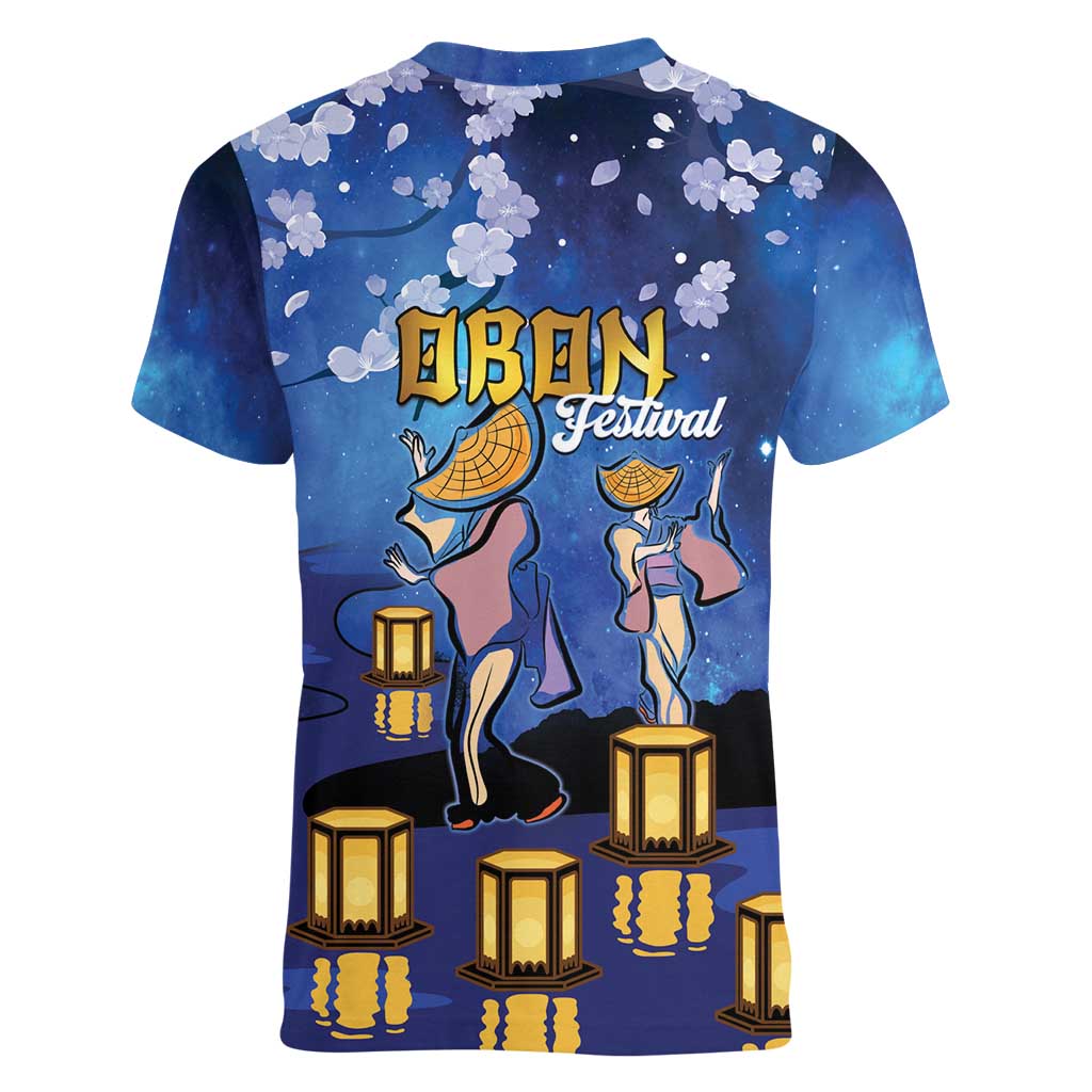 Japan Obon Festival Women V-Neck T-Shirt Sakura Lanterns With Bon Dance - Wonder Print Shop