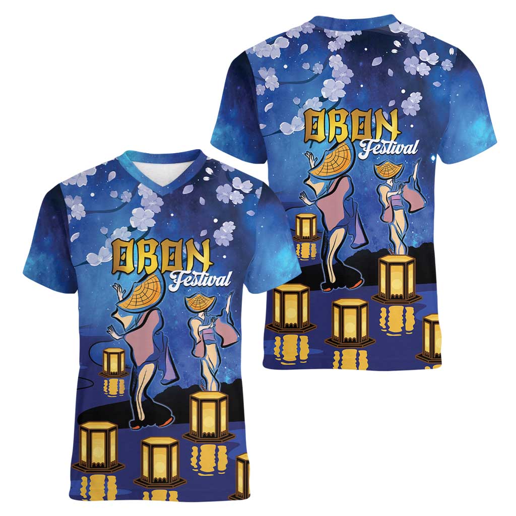 Japan Obon Festival Women V-Neck T-Shirt Sakura Lanterns With Bon Dance - Wonder Print Shop