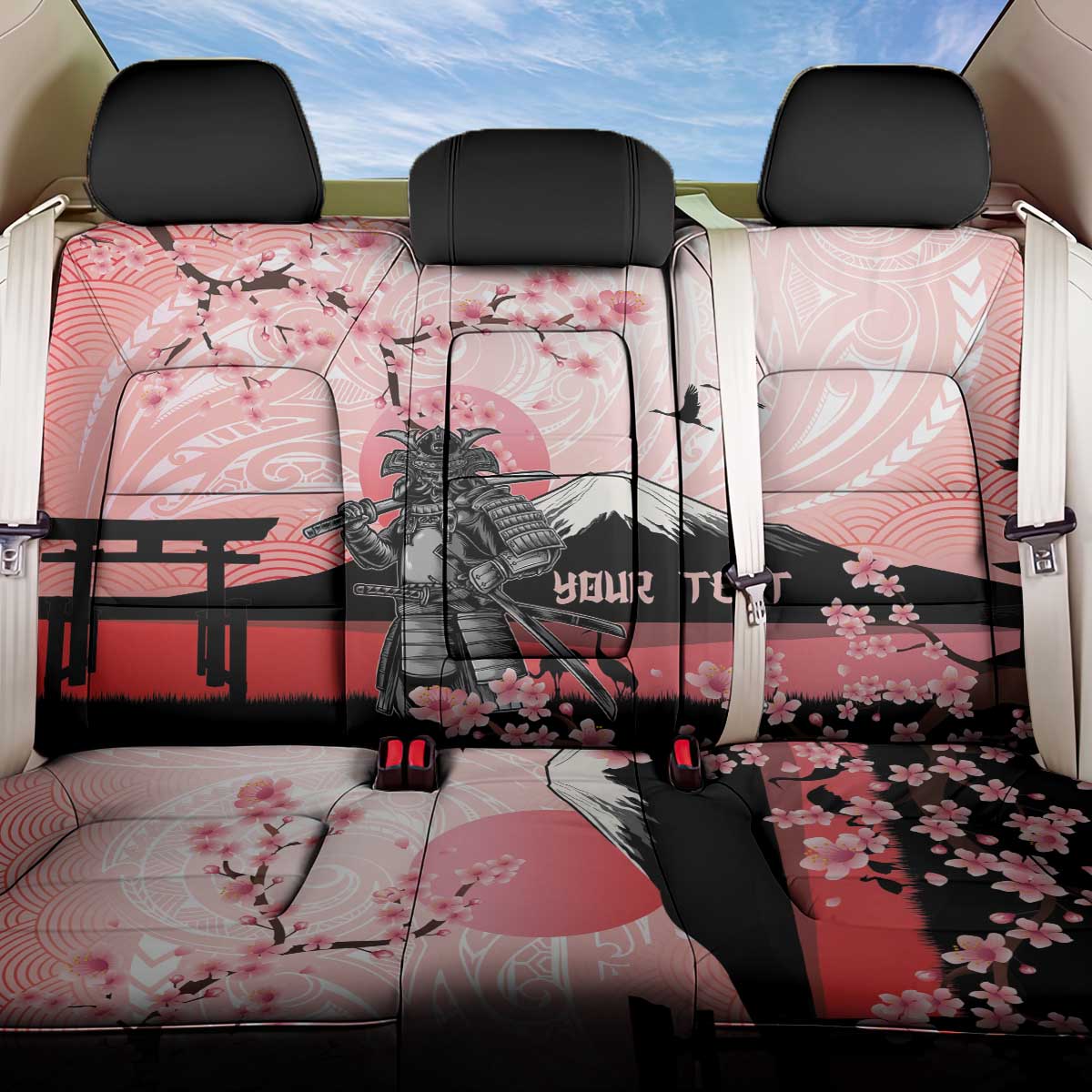 Personalised Japan Samurai Warrior Back Car Seat Cover Japanese Cherry Blossom Polynesian Pattern - Wonder Print Shop