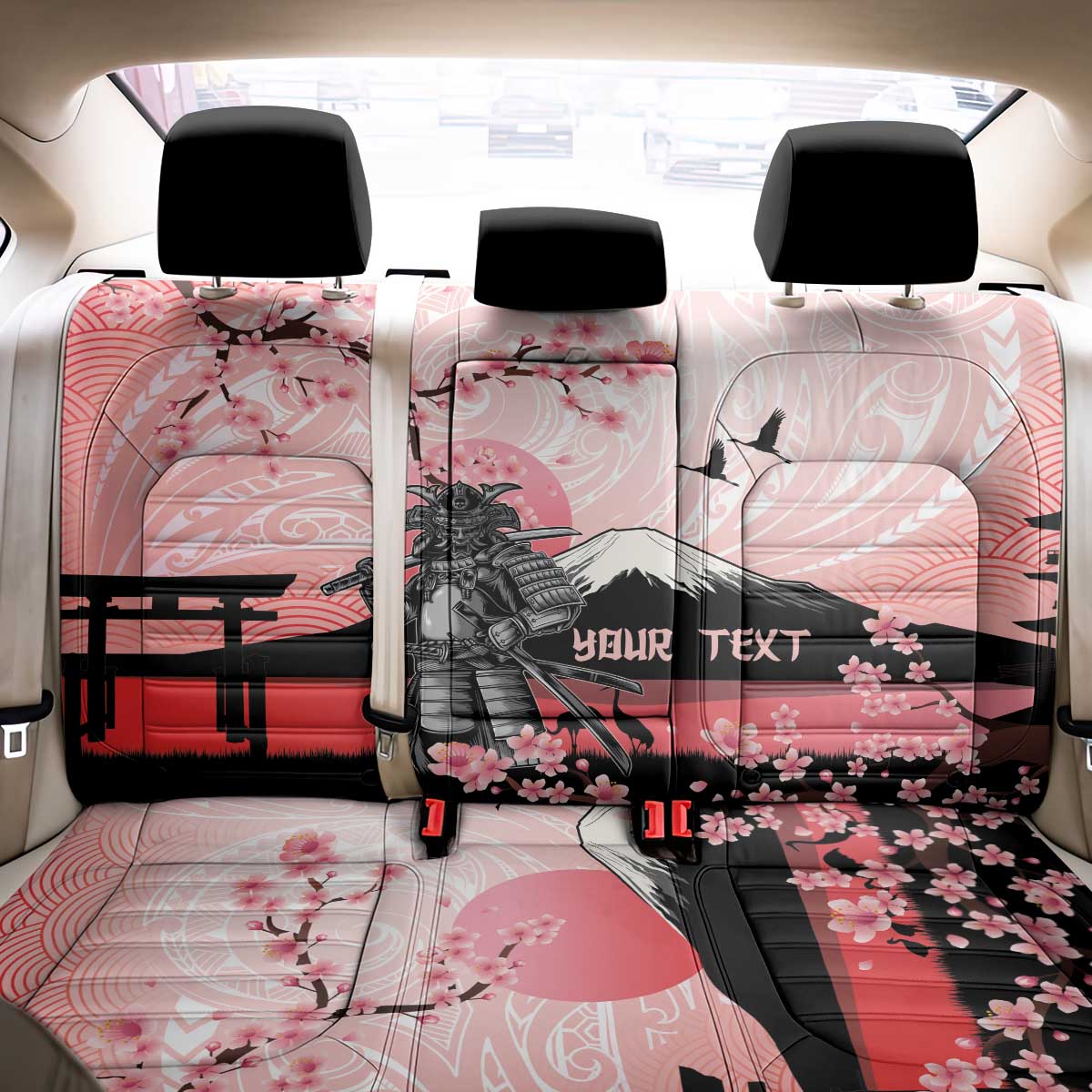 Personalised Japan Samurai Warrior Back Car Seat Cover Japanese Cherry Blossom Polynesian Pattern - Wonder Print Shop
