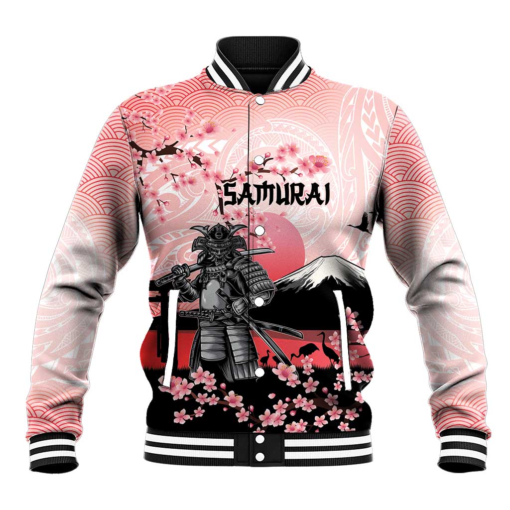 Personalised Japan Samurai Warrior Baseball Jacket Japanese Cherry Blossom Polynesian Pattern - Wonder Print Shop