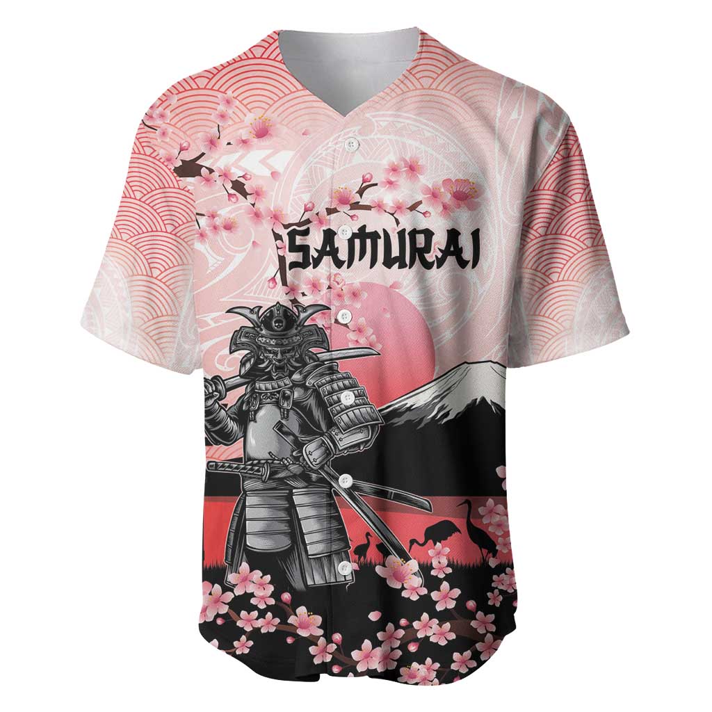 Personalised Japan Samurai Warrior Baseball Jersey Japanese Cherry Blossom Polynesian Pattern - Wonder Print Shop
