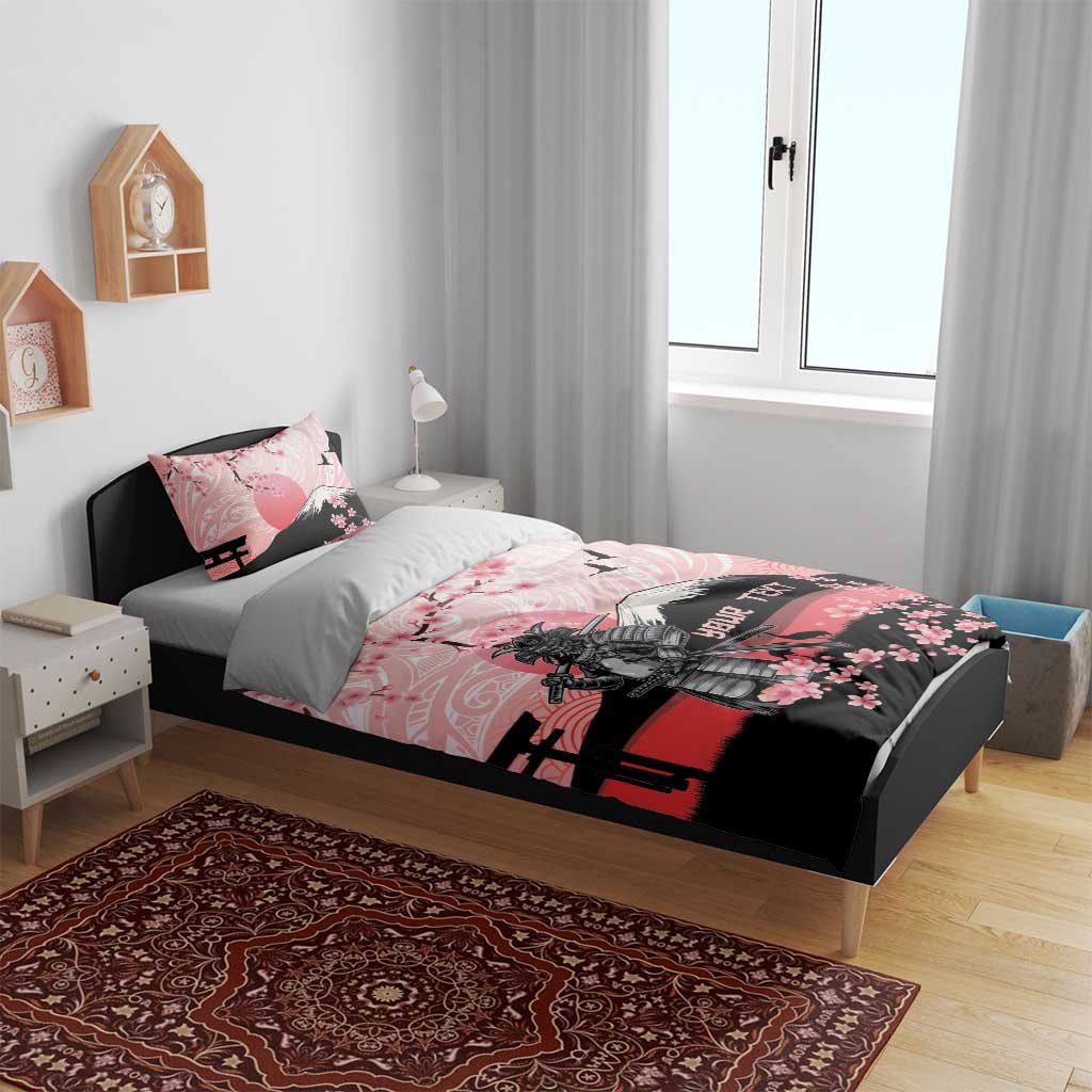 Personalised Japan Samurai Warrior Bedding Set Japanese Cherry Blossom Polynesian Pattern - Wonder Print Shop