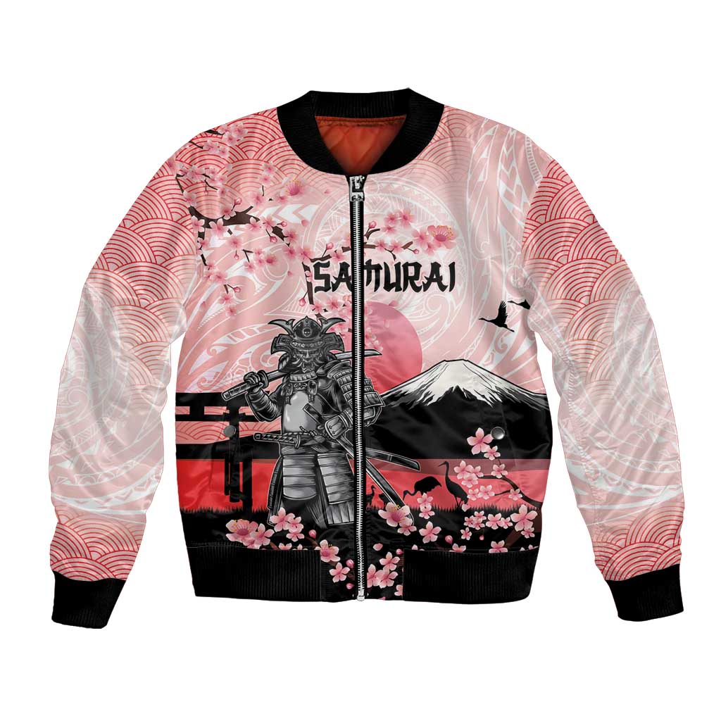 Personalised Japan Samurai Warrior Bomber Jacket Japanese Cherry Blossom Polynesian Pattern - Wonder Print Shop
