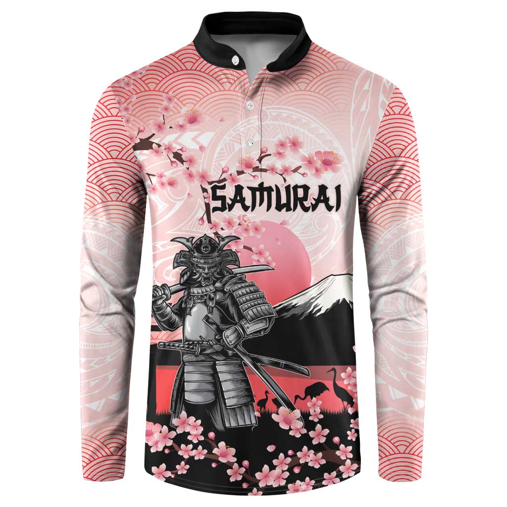 Personalised Japan Samurai Warrior Button Sweatshirt Japanese Cherry Blossom Polynesian Pattern - Wonder Print Shop