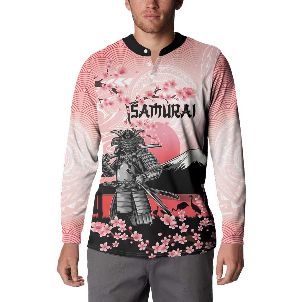 Personalised Japan Samurai Warrior Button Sweatshirt Japanese Cherry Blossom Polynesian Pattern - Wonder Print Shop