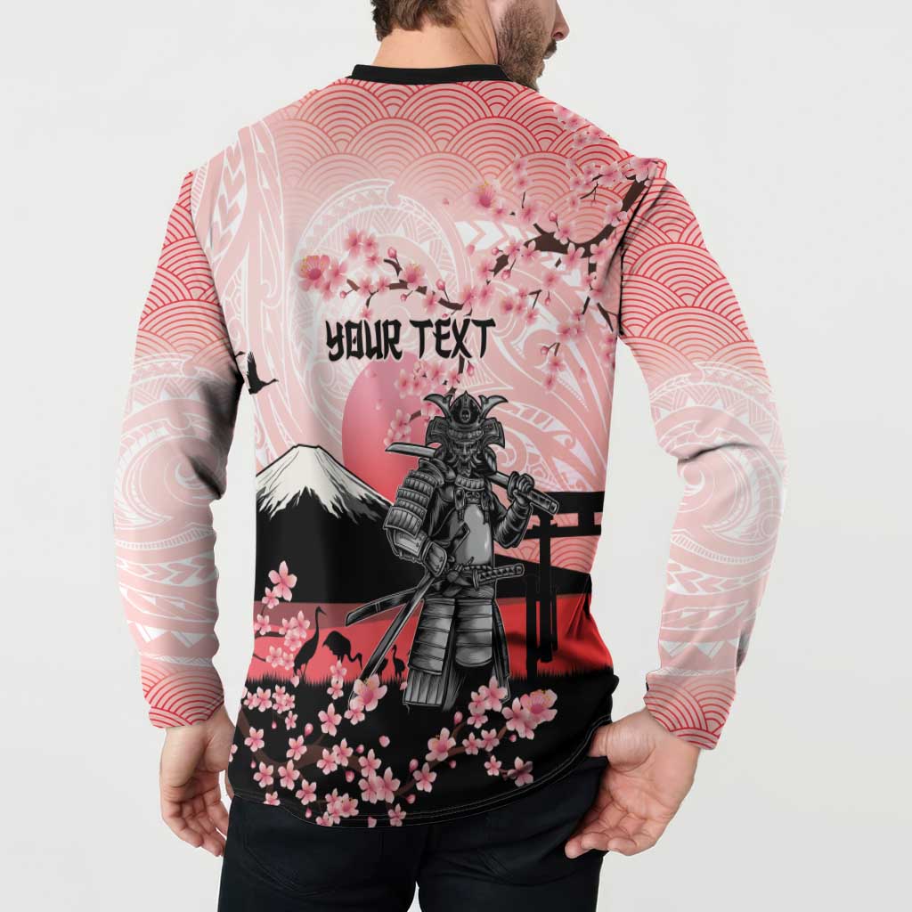 Personalised Japan Samurai Warrior Button Sweatshirt Japanese Cherry Blossom Polynesian Pattern - Wonder Print Shop