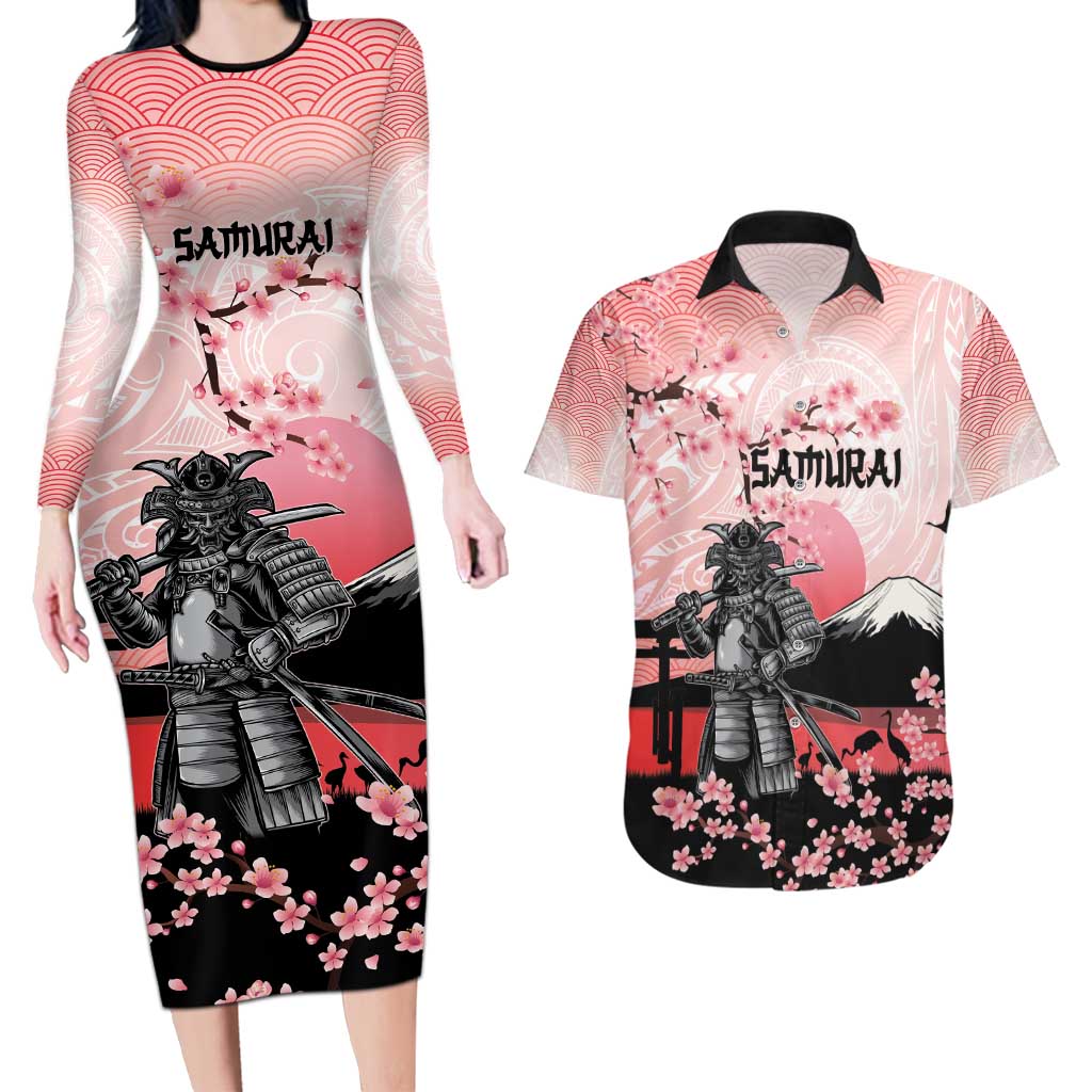 Personalised Japan Samurai Warrior Couples Matching Long Sleeve Bodycon Dress and Hawaiian Shirt Japanese Cherry Blossom Polynesian Pattern - Wonder Print Shop