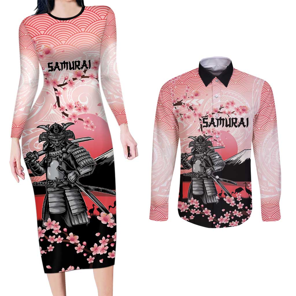 Personalised Japan Samurai Warrior Couples Matching Long Sleeve Bodycon Dress and Long Sleeve Button Shirt Japanese Cherry Blossom Polynesian Pattern - Wonder Print Shop