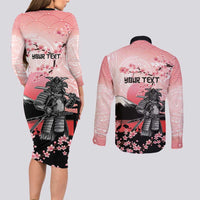 Personalised Japan Samurai Warrior Couples Matching Long Sleeve Bodycon Dress and Long Sleeve Button Shirt Japanese Cherry Blossom Polynesian Pattern - Wonder Print Shop