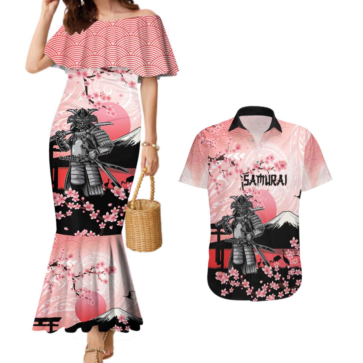Personalised Japan Samurai Warrior Couples Matching Mermaid Dress and Hawaiian Shirt Japanese Cherry Blossom Polynesian Pattern - Wonder Print Shop