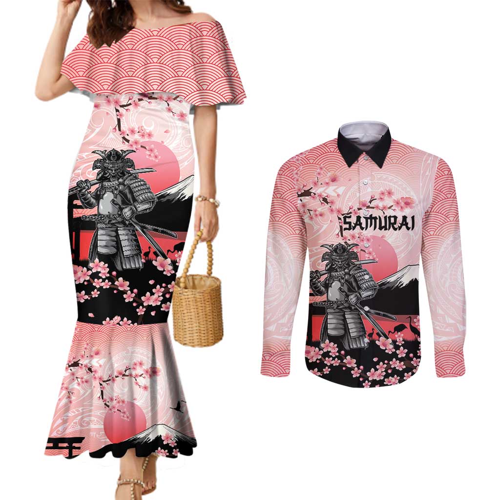 Personalised Japan Samurai Warrior Couples Matching Mermaid Dress and Long Sleeve Button Shirt Japanese Cherry Blossom Polynesian Pattern - Wonder Print Shop