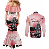 Personalised Japan Samurai Warrior Couples Matching Mermaid Dress and Long Sleeve Button Shirt Japanese Cherry Blossom Polynesian Pattern - Wonder Print Shop