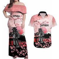 Personalised Japan Samurai Warrior Couples Matching Off Shoulder Maxi Dress and Hawaiian Shirt Japanese Cherry Blossom Polynesian Pattern - Wonder Print Shop