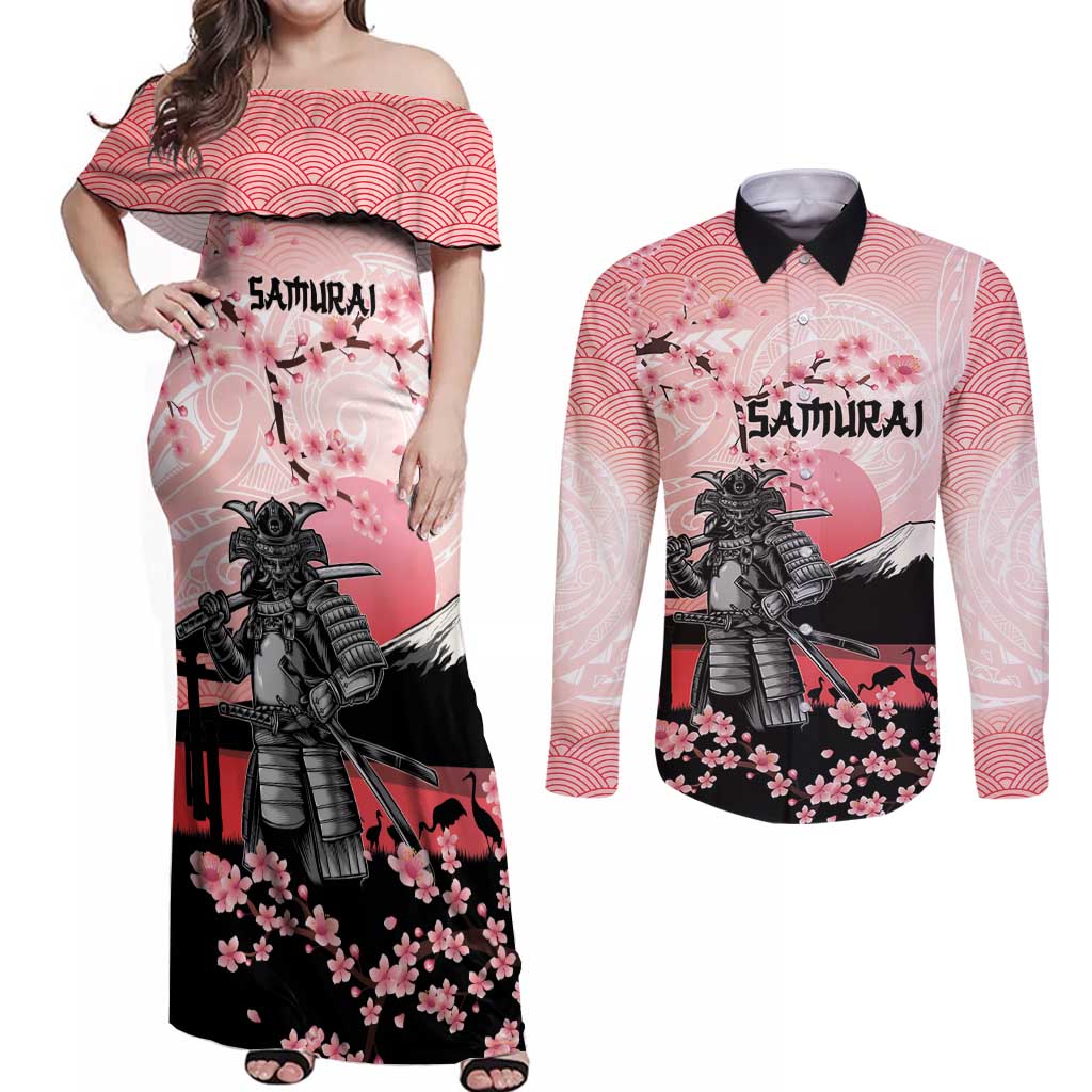 Personalised Japan Samurai Warrior Couples Matching Off Shoulder Maxi Dress and Long Sleeve Button Shirt Japanese Cherry Blossom Polynesian Pattern - Wonder Print Shop