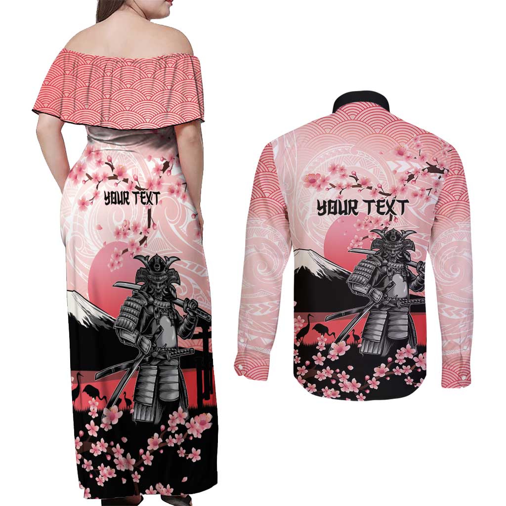 Personalised Japan Samurai Warrior Couples Matching Off Shoulder Maxi Dress and Long Sleeve Button Shirt Japanese Cherry Blossom Polynesian Pattern - Wonder Print Shop