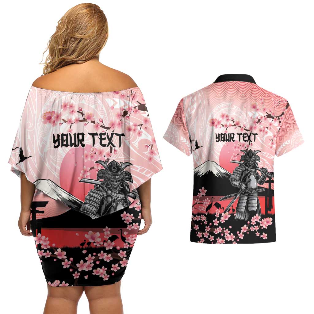 Personalised Japan Samurai Warrior Couples Matching Off Shoulder Short Dress and Hawaiian Shirt Japanese Cherry Blossom Polynesian Pattern - Wonder Print Shop