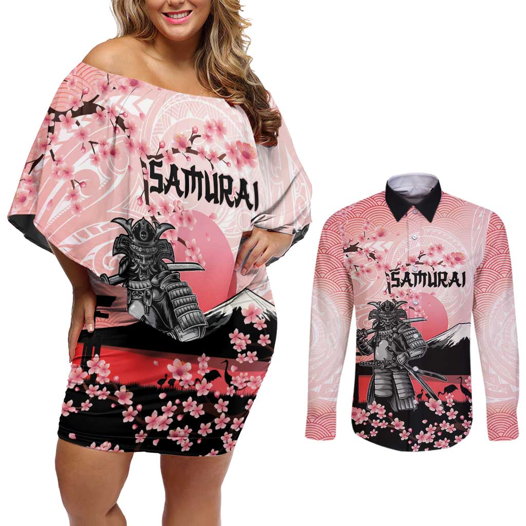 Personalised Japan Samurai Warrior Couples Matching Off Shoulder Short Dress and Long Sleeve Button Shirt Japanese Cherry Blossom Polynesian Pattern - Wonder Print Shop