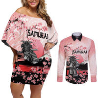 Personalised Japan Samurai Warrior Couples Matching Off Shoulder Short Dress and Long Sleeve Button Shirt Japanese Cherry Blossom Polynesian Pattern - Wonder Print Shop