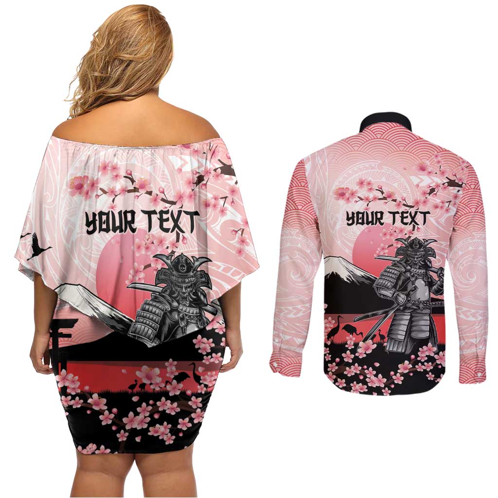 Personalised Japan Samurai Warrior Couples Matching Off Shoulder Short Dress and Long Sleeve Button Shirt Japanese Cherry Blossom Polynesian Pattern - Wonder Print Shop
