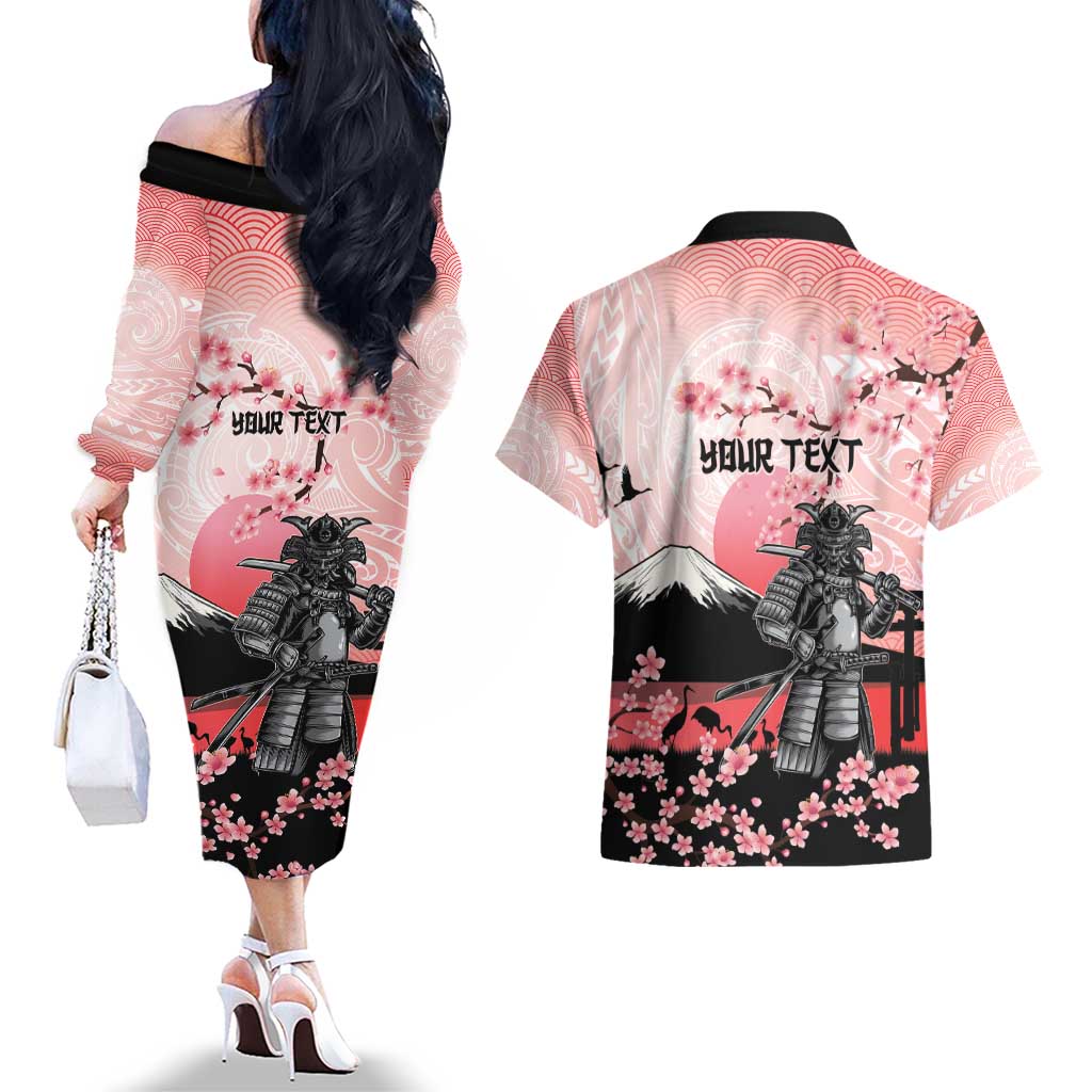 Personalised Japan Samurai Warrior Couples Matching Off The Shoulder Long Sleeve Dress and Hawaiian Shirt Japanese Cherry Blossom Polynesian Pattern - Wonder Print Shop