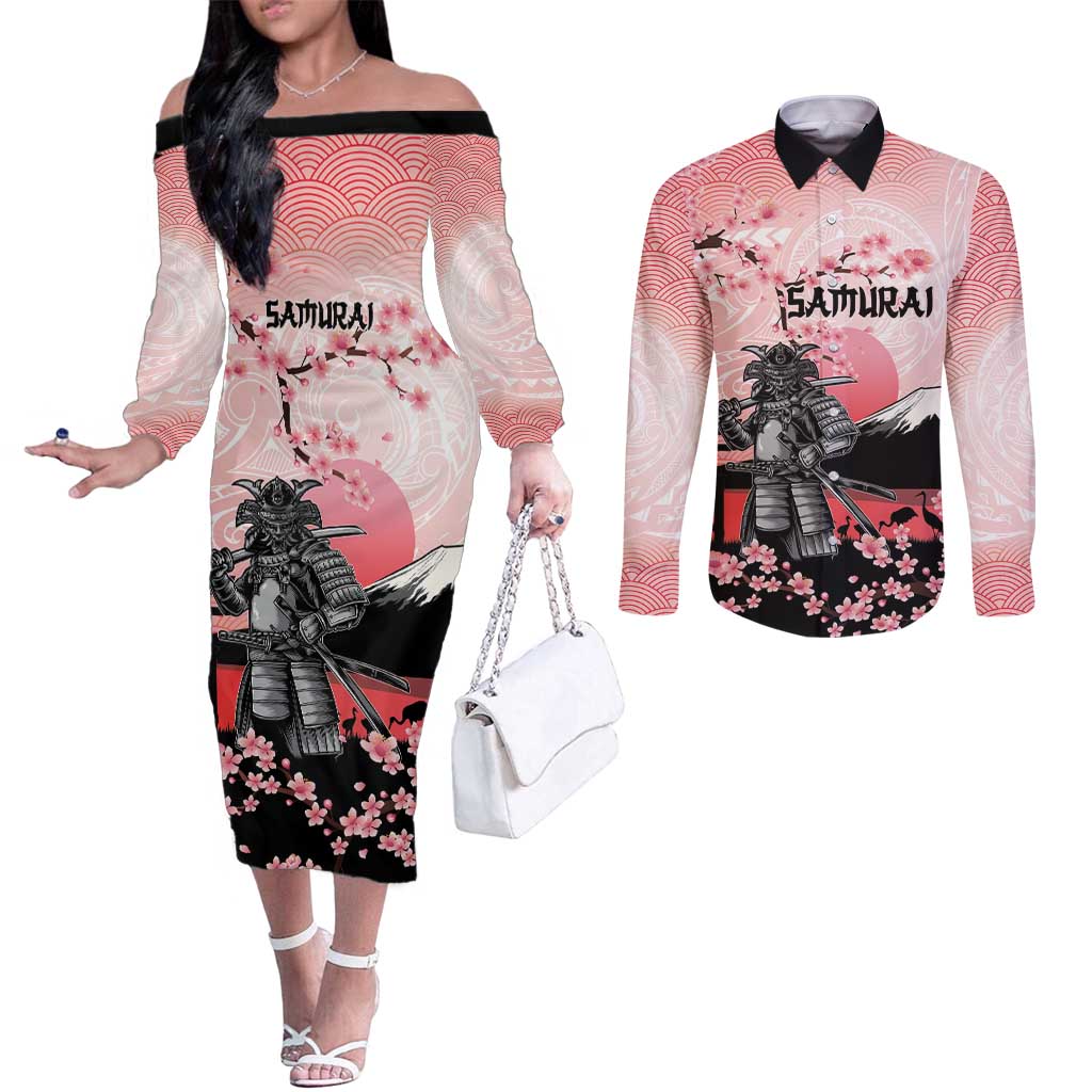 Personalised Japan Samurai Warrior Couples Matching Off The Shoulder Long Sleeve Dress and Long Sleeve Button Shirt Japanese Cherry Blossom Polynesian Pattern - Wonder Print Shop