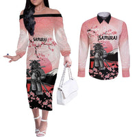 Personalised Japan Samurai Warrior Couples Matching Off The Shoulder Long Sleeve Dress and Long Sleeve Button Shirt Japanese Cherry Blossom Polynesian Pattern - Wonder Print Shop