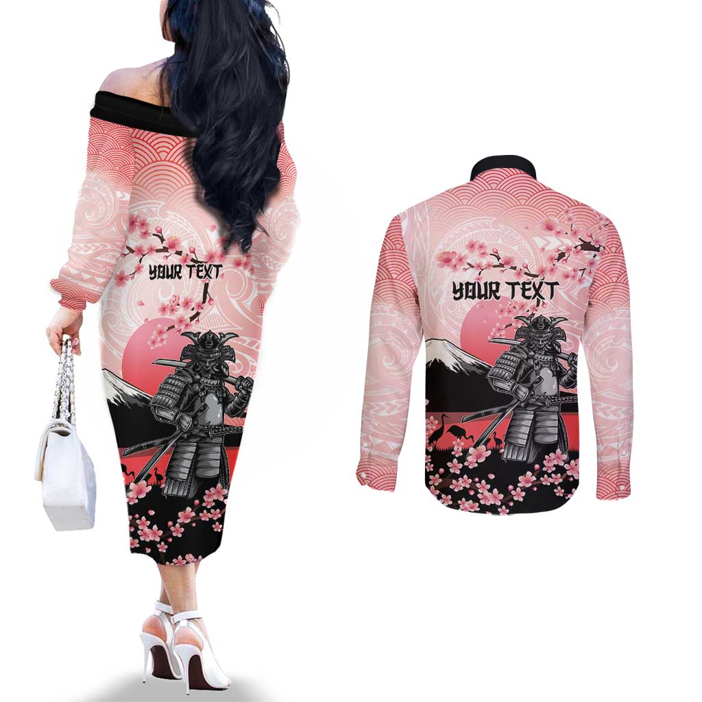 Personalised Japan Samurai Warrior Couples Matching Off The Shoulder Long Sleeve Dress and Long Sleeve Button Shirt Japanese Cherry Blossom Polynesian Pattern - Wonder Print Shop