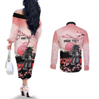 Personalised Japan Samurai Warrior Couples Matching Off The Shoulder Long Sleeve Dress and Long Sleeve Button Shirt Japanese Cherry Blossom Polynesian Pattern - Wonder Print Shop