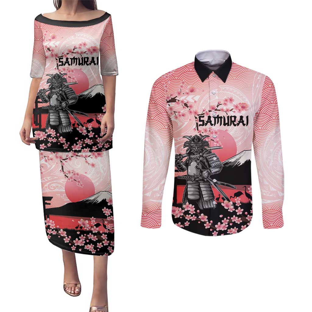Personalised Japan Samurai Warrior Couples Matching Puletasi and Long Sleeve Button Shirt Japanese Cherry Blossom Polynesian Pattern - Wonder Print Shop