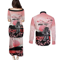 Personalised Japan Samurai Warrior Couples Matching Puletasi and Long Sleeve Button Shirt Japanese Cherry Blossom Polynesian Pattern - Wonder Print Shop