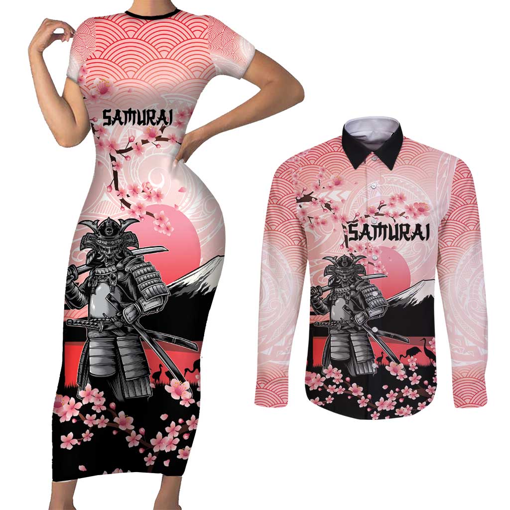 Personalised Japan Samurai Warrior Couples Matching Short Sleeve Bodycon Dress and Long Sleeve Button Shirt Japanese Cherry Blossom Polynesian Pattern - Wonder Print Shop