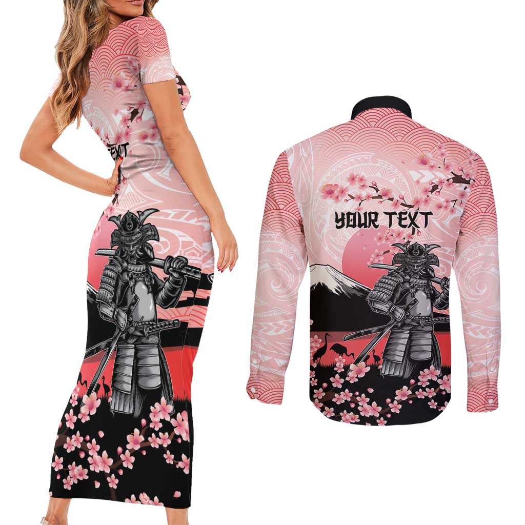 Personalised Japan Samurai Warrior Couples Matching Short Sleeve Bodycon Dress and Long Sleeve Button Shirt Japanese Cherry Blossom Polynesian Pattern - Wonder Print Shop