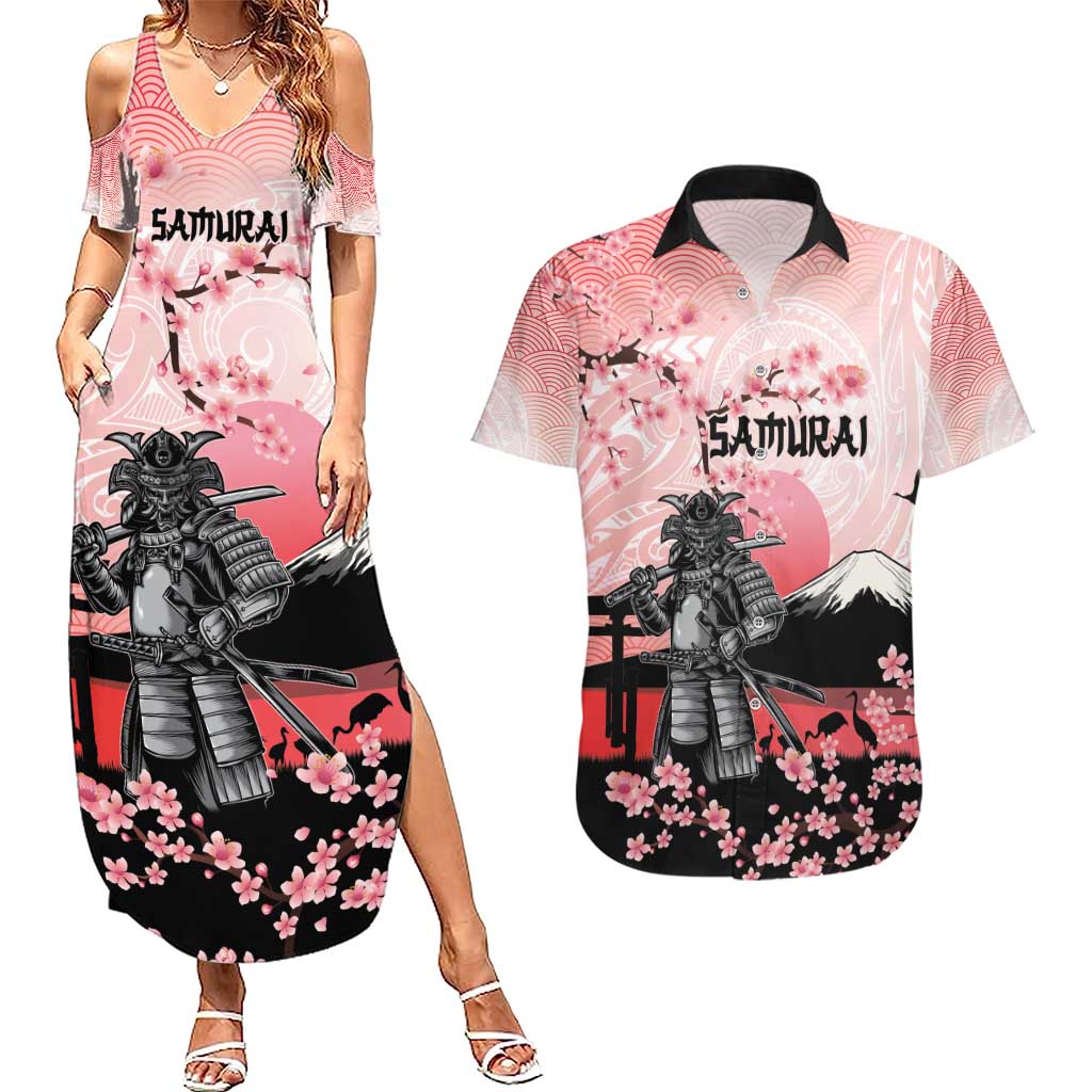 Personalised Japan Samurai Warrior Couples Matching Summer Maxi Dress and Hawaiian Shirt Japanese Cherry Blossom Polynesian Pattern - Wonder Print Shop
