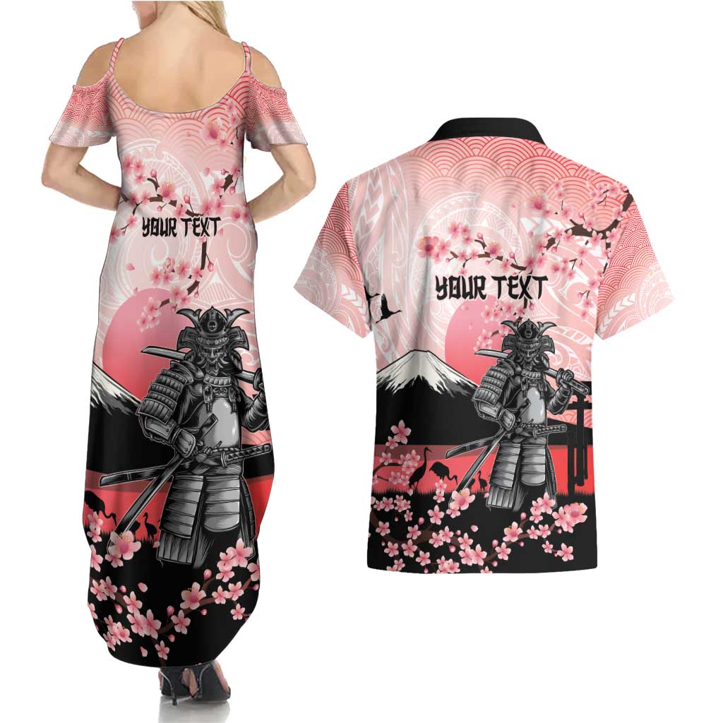Personalised Japan Samurai Warrior Couples Matching Summer Maxi Dress and Hawaiian Shirt Japanese Cherry Blossom Polynesian Pattern - Wonder Print Shop