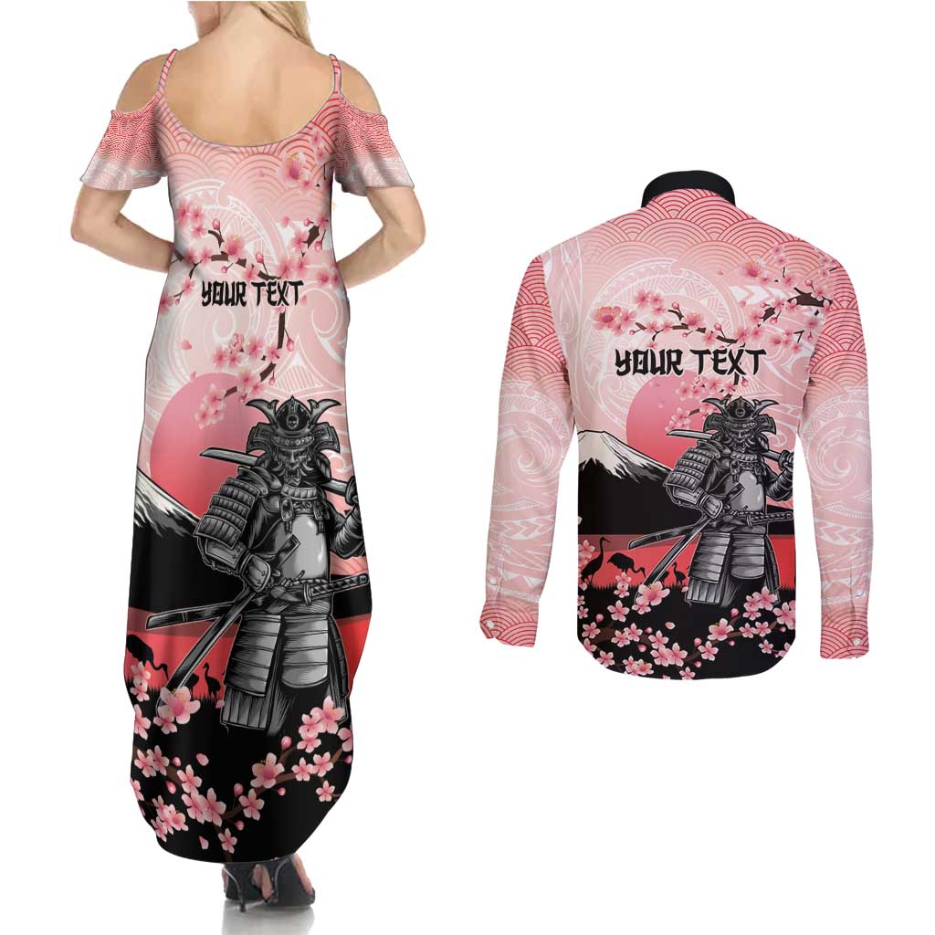 Personalised Japan Samurai Warrior Couples Matching Summer Maxi Dress and Long Sleeve Button Shirt Japanese Cherry Blossom Polynesian Pattern - Wonder Print Shop