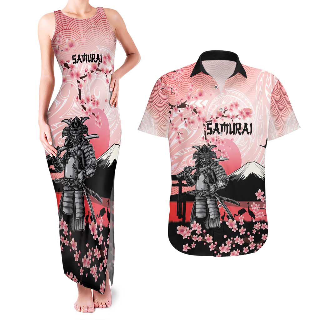 Personalised Japan Samurai Warrior Couples Matching Tank Maxi Dress and Hawaiian Shirt Japanese Cherry Blossom Polynesian Pattern - Wonder Print Shop
